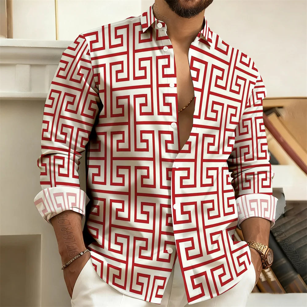 2026 New Men's Long-Sleeved Polo Shirt, Vintage Print Style with Greek Key Pattern, Elegant, Comfortable, and Stylish Men's Top