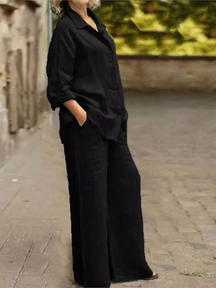 Fashion Cotton Linen Shirt Long Sleeved Women's Set Spring Autumn Loose Cotton  Linen Wide Leg Trousers Female Office 2piece Set