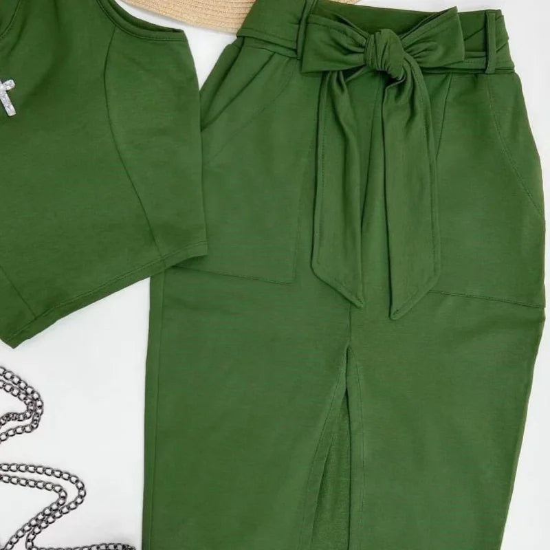 2Pcs/Set Women's Crew Neck Sleeveless Vest + Split Skirt
