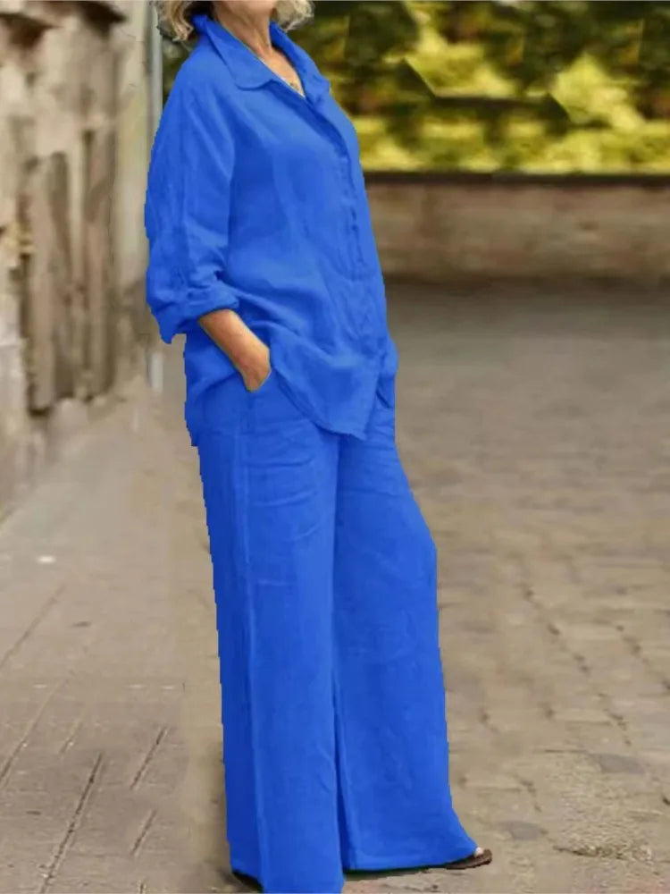 Fashion Cotton Linen Shirt Long Sleeved Women's Set Spring Autumn Loose Cotton  Linen Wide Leg Trousers Female Office 2piece Set