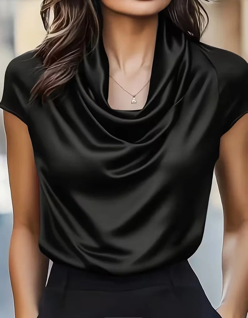 Elegant Satin Cowl Neck Short Sleeve Blouse for Women - Smooth Silk-Like Fabric Perfect for Office and Evening Wear
