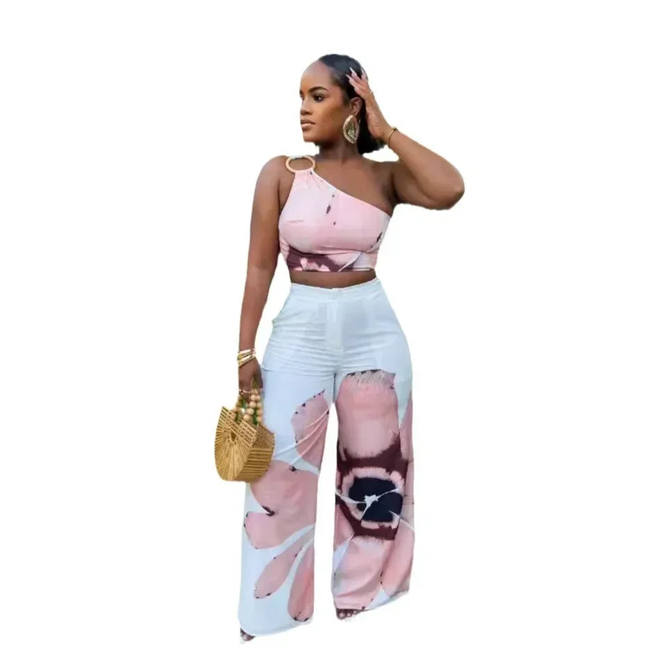 Women Set Floral Print Sleeveless Skew Collar Tops +Wide Leg Pants Two 2 Piece Set Outfit