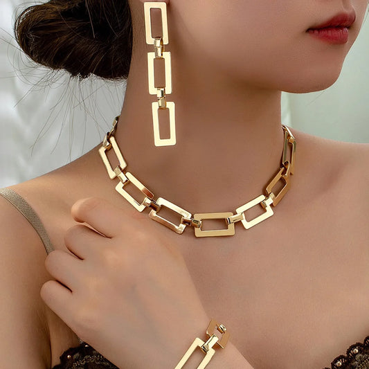4PCS Stainless Steel Fashion Gold Color Geometric Chain Necklace Bracelets For Women Girl New Fashion Non-fading Set