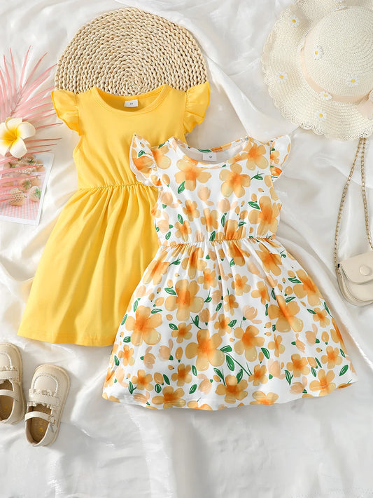 2PCS/Bundle Dress Yellow Sleeved Yellow Sleeveless Floral Dress Rural Style Dress Summer Daily Wear for Child Girl 1-6 Years