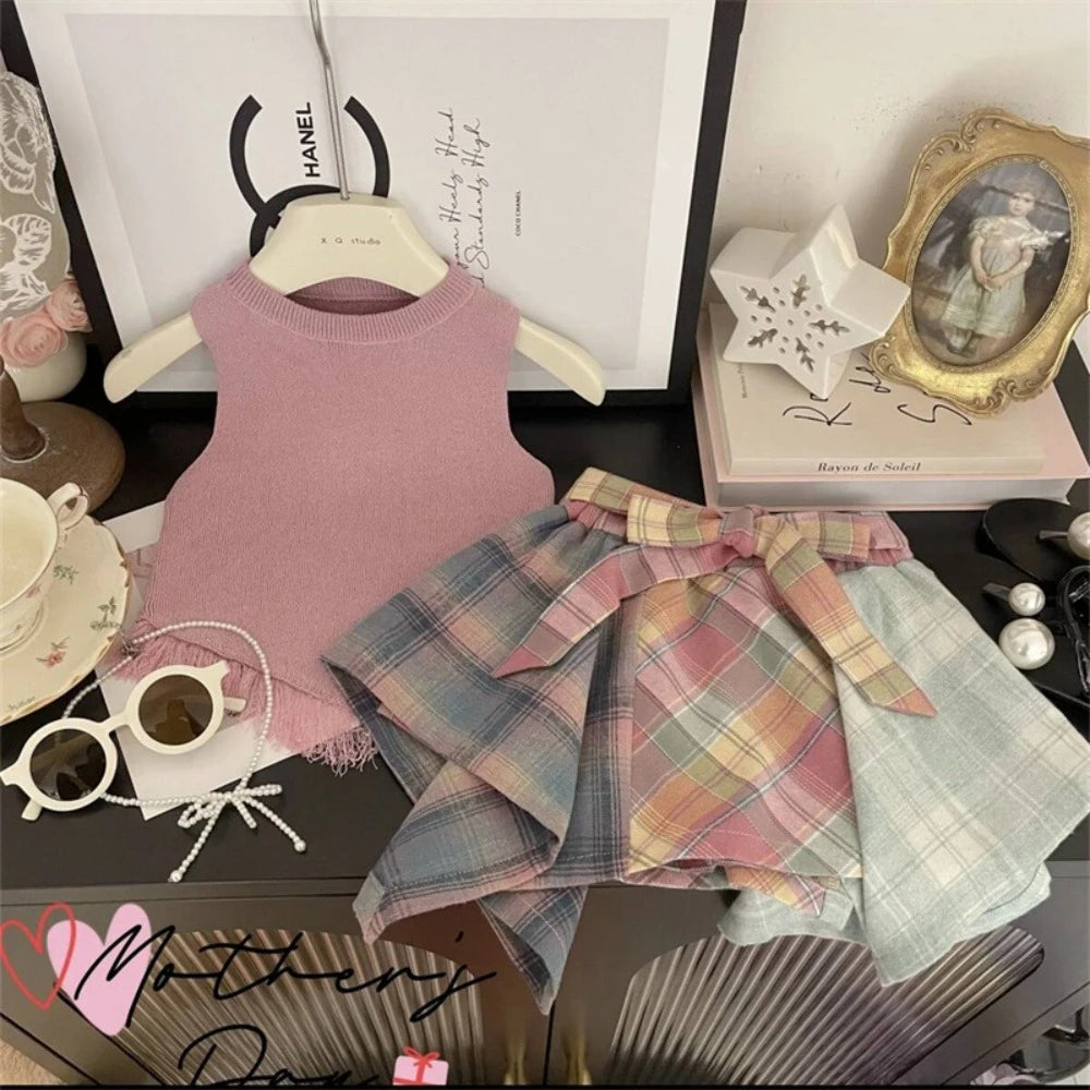 Bear Leader 2025 Summer Girl Suit Korean Version Sleeveless Tassel Vest+3D Bow Irregular Skirt 2-Pcs Set Children's Casual Wear