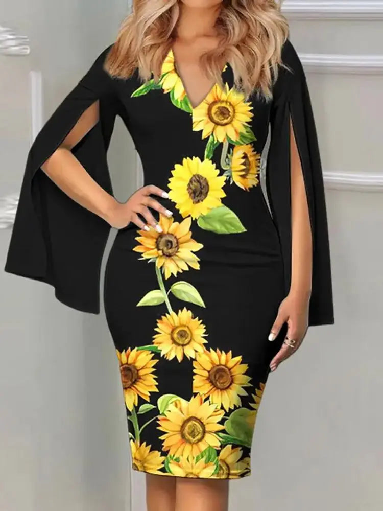 Plus Size Women Dress Bat-wing Sleeve Deep V Neck Sunflower Print Slim-fitting Elegant Printed Pencil Dress
