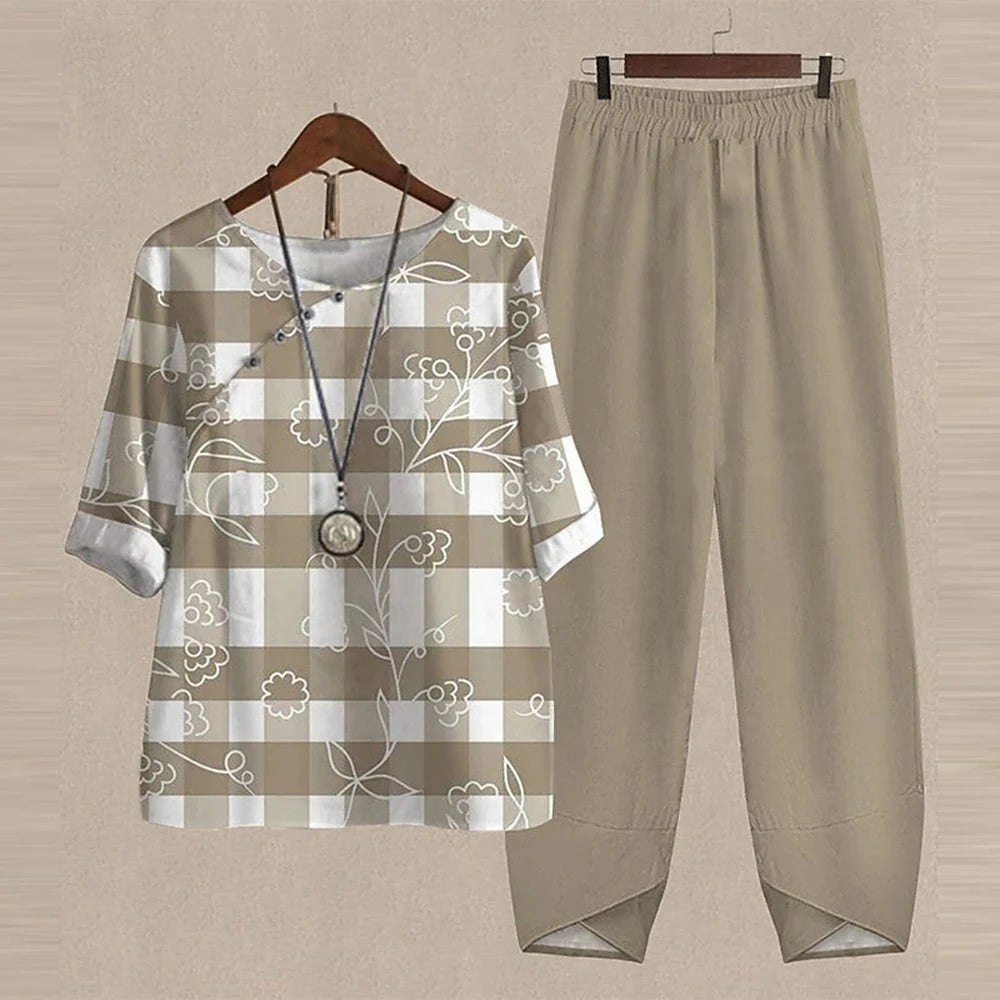 Summer 2 Piece Set Women Loose Short Sleeve Shirt Top High Waist Pants Flower Print Outfits Ladies Elegant Vintage Suit Fall