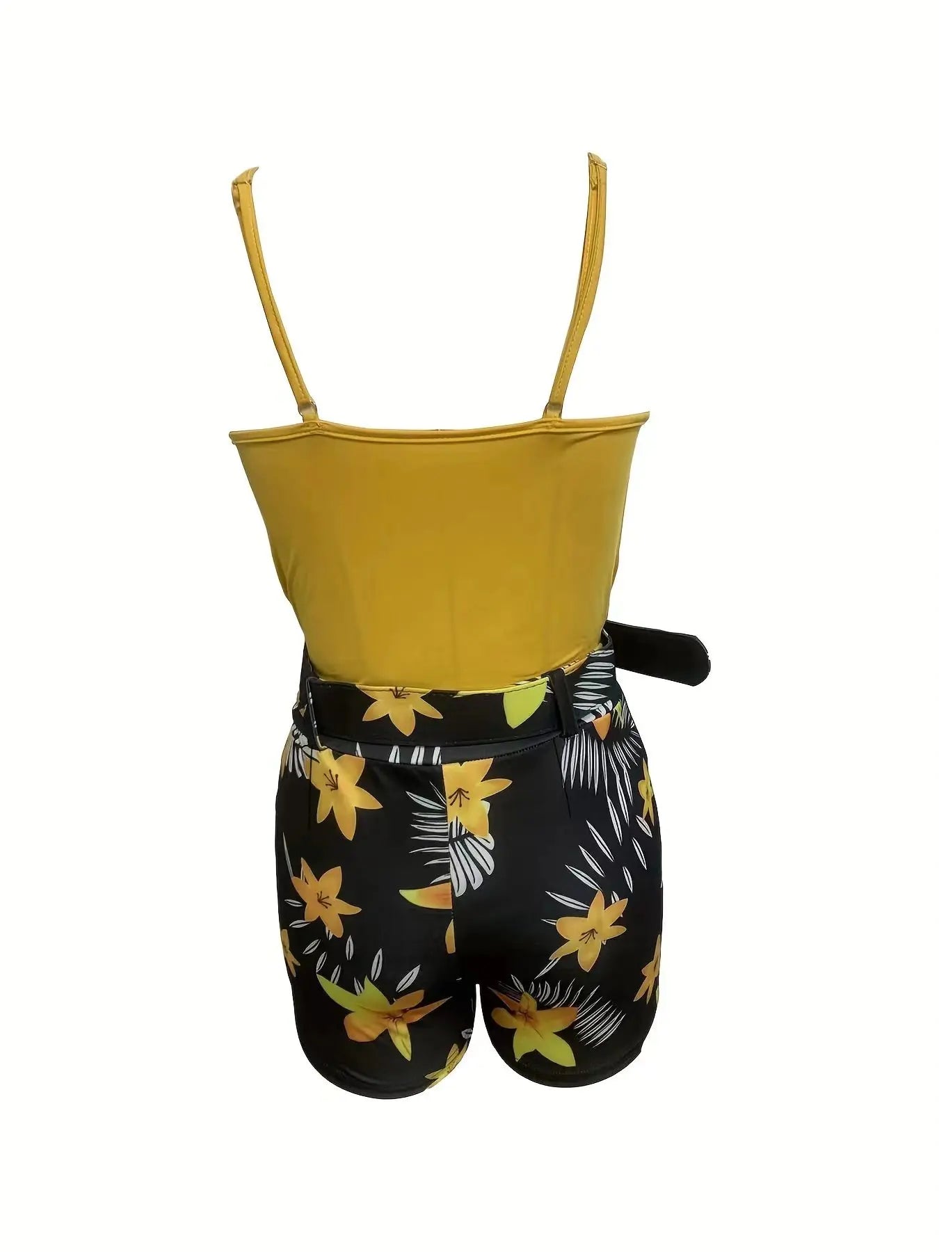 Women's Clothing V-neck Camisole and Plant Print Shorts Set with Belt
