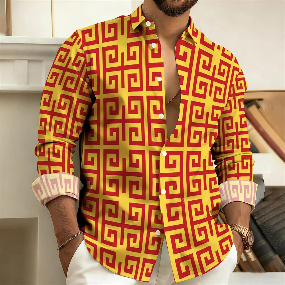 2026 New Men's Long-Sleeved Polo Shirt, Vintage Print Style with Greek Key Pattern, Elegant, Comfortable, and Stylish Men's Top
