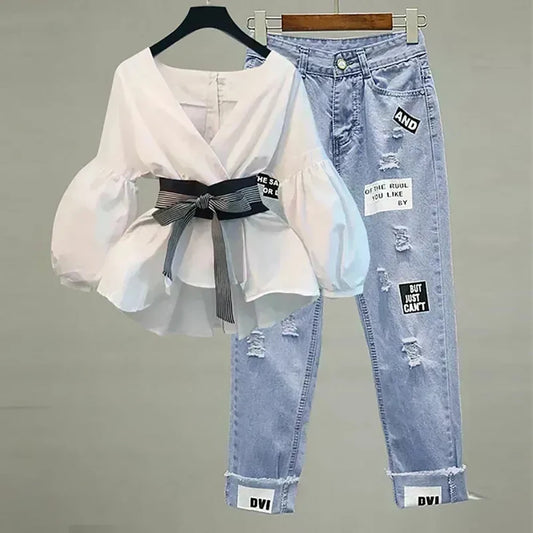 Women Elegant V-Neck Stripe Lantern Sleeve Bow Belt Trend Slim Chiffon Shirt Top And Korean Ripped Jeans Office Lady Casual Suit