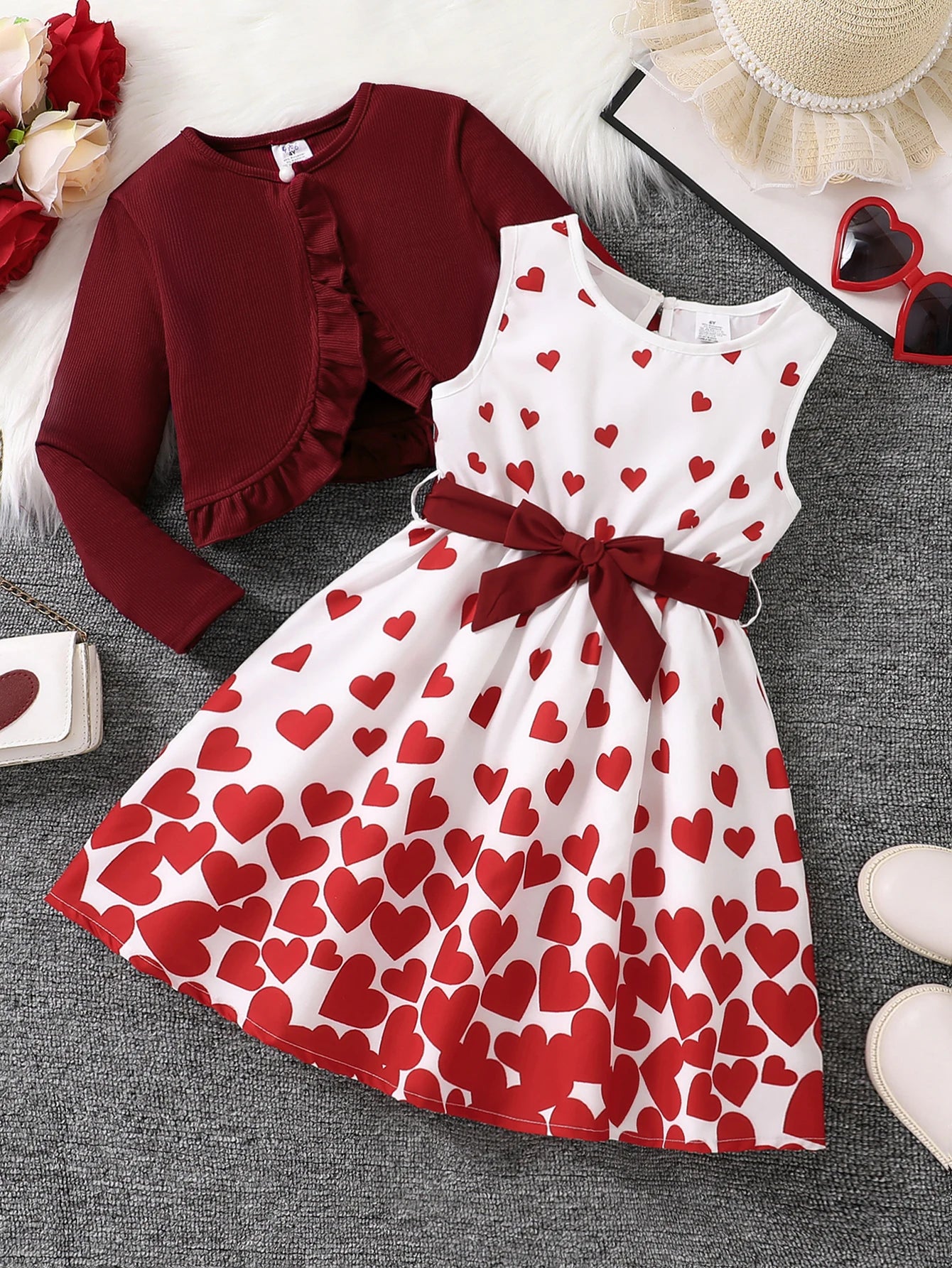 Spring Autumn Casual Cute Girl Two-Piece Set Red Vest Heart-Shaped Floral Skirt Fashion Outfit for Girls