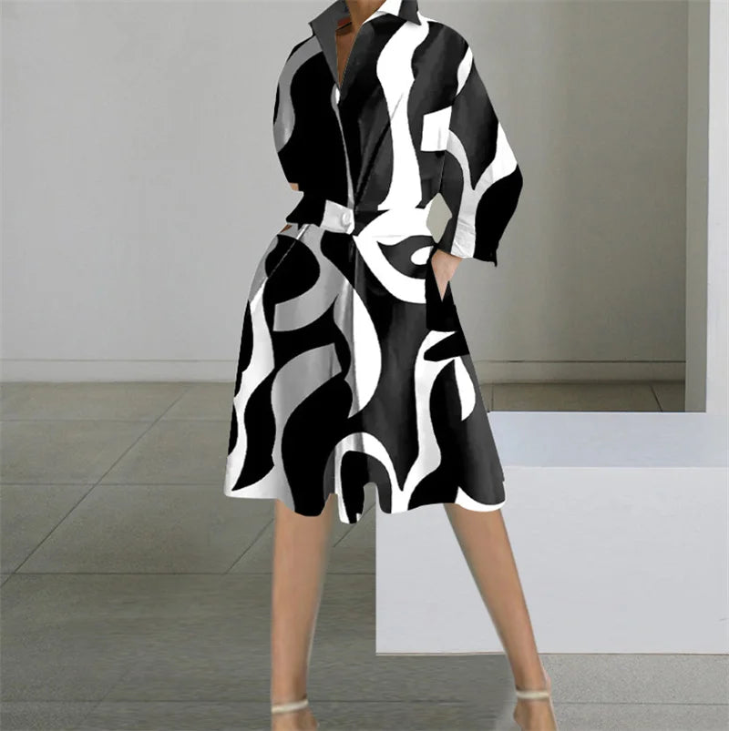 Printed Dresses Women Autumn V-neck Long Sleeved Shirts Fashions Office Lady Pockets Commute Dress 2023 New Robe Vestidos Femme