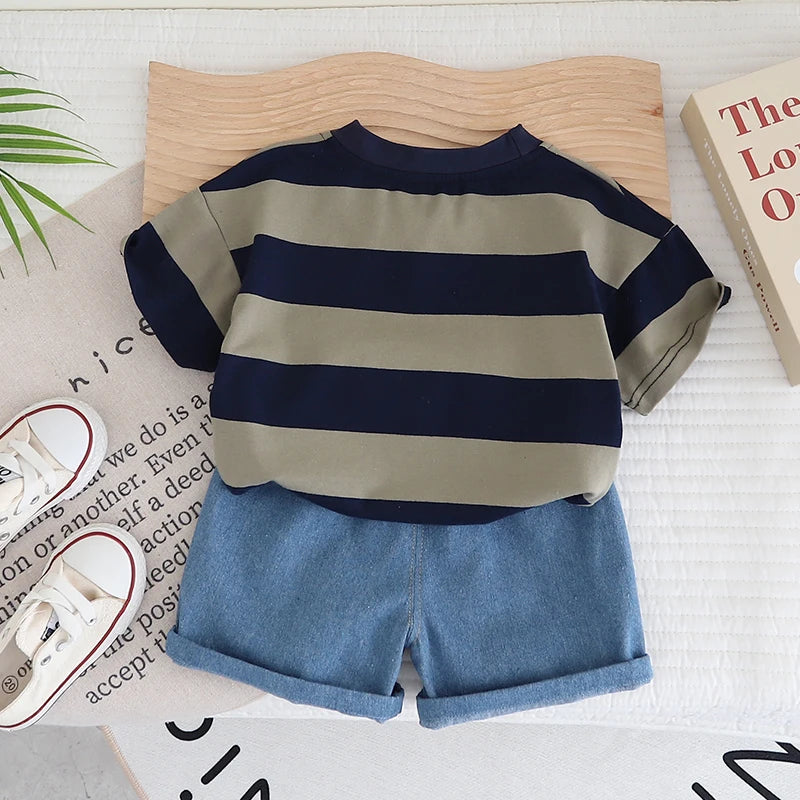 baby boy clothes set summer solid color striped casual