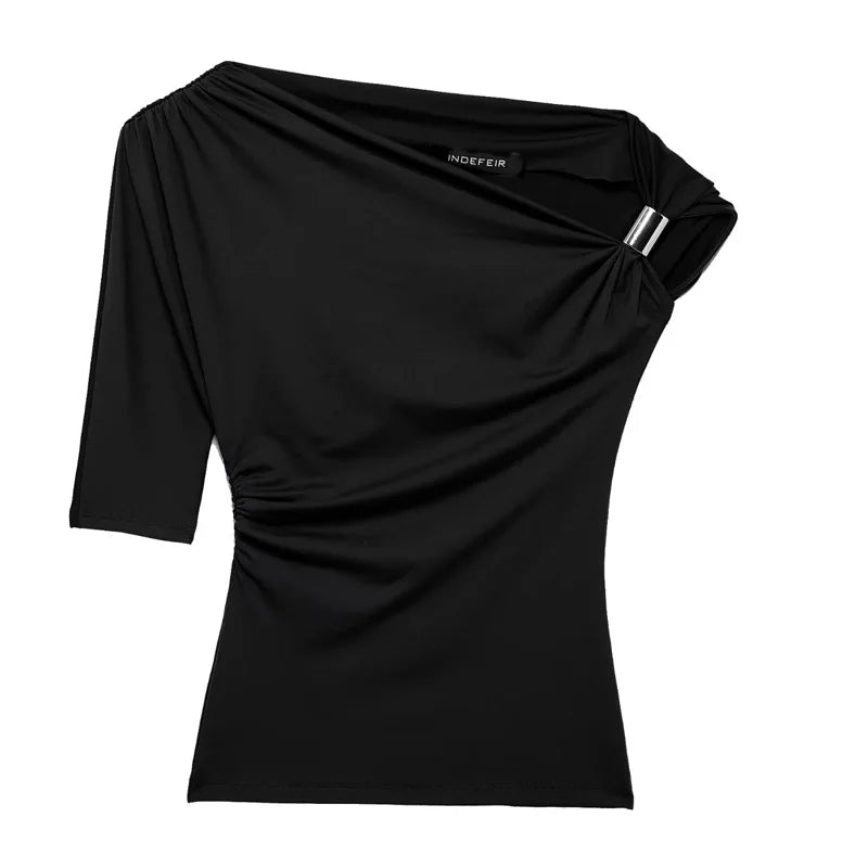 Top Summer Tight Plain T-Shirts Stylish Short Sleeve Black Blouse
