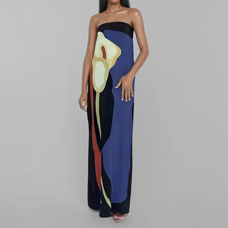 2024 Summer Women Strapless Backless Flower Printed Long Dress Women Sleeveless Off Shoulder Vestidos Plus Size S-3XL Streetwear