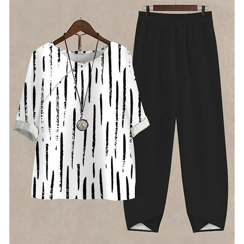 Summer 2 Piece Set Women Loose Short Sleeve Shirt Top High Waist Pants Flower Print Outfits Ladies Elegant Vintage Suit Fall