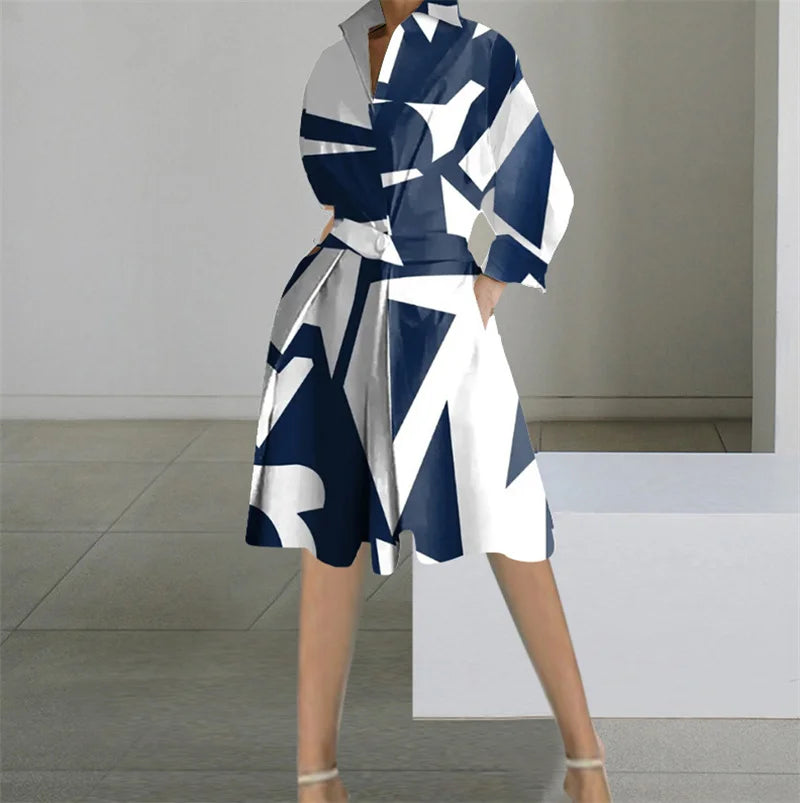 Printed Dresses Women Autumn V-neck Long Sleeved Shirts Fashions Office Lady Pockets Commute Dress 2023 New Robe Vestidos Femme