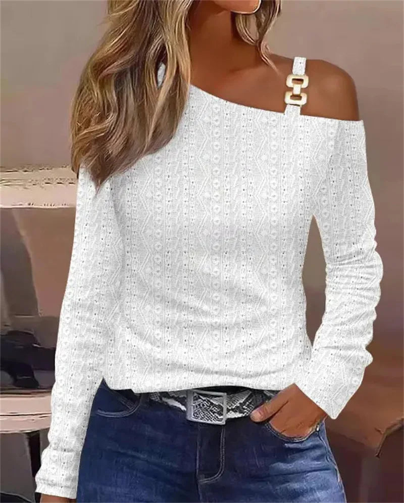 Women's Cold Shoulder Tops Long Sleeve Casual Jacquard Weave Shirts Twist Knot Top Tunic Blouse