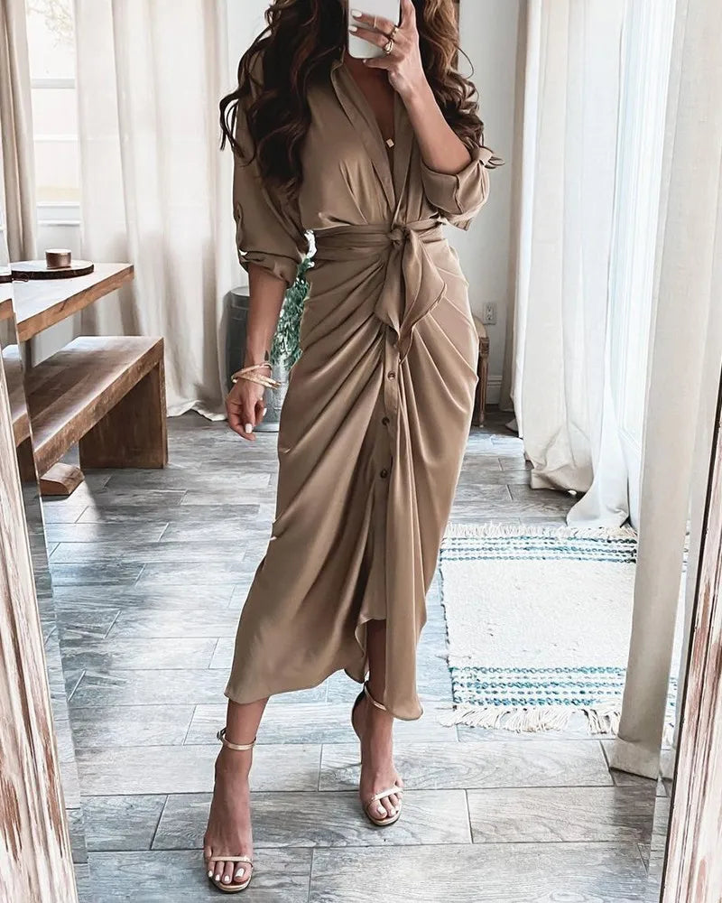 Elegant slim temperament V-neck tie stitching long-sleeved shirt dress long skirt women