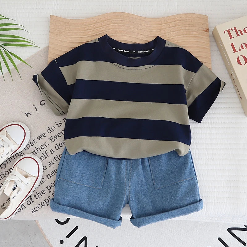 baby boy clothes set summer solid color striped casual