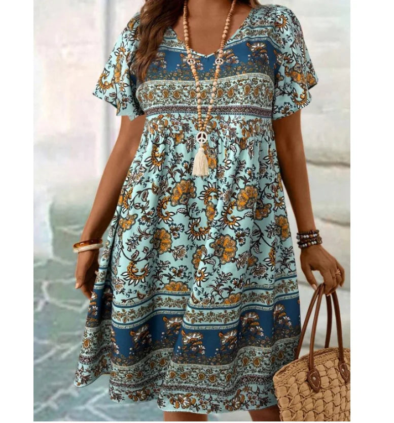 Fashion Print Loose Dress Lady Casual V Neck Pullover Ruffles Short Sleeve Dresses For Women Summer Boho Beach Holiday Skirt New