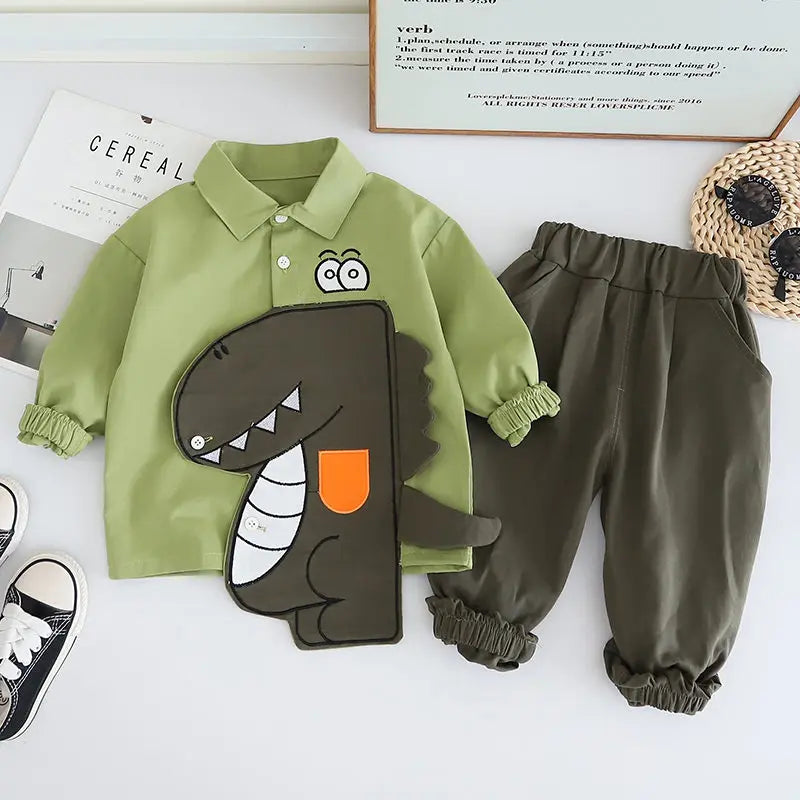 New Spring Kids Clothes Kids Cotton Sport Patchwork Dinosaur Baby Shirt Jeans 2Pcs/Set Children Boys Casual Suit 1 2 3 4 5 Years