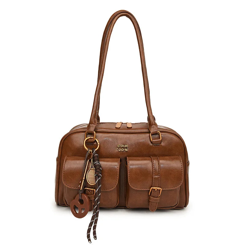 Women Multi-Pocket Tote Shoulder Bag with Golden-Tone Hardware & Letter, Stylish Handbag Purse for Travel, Work, Shopping, Dates