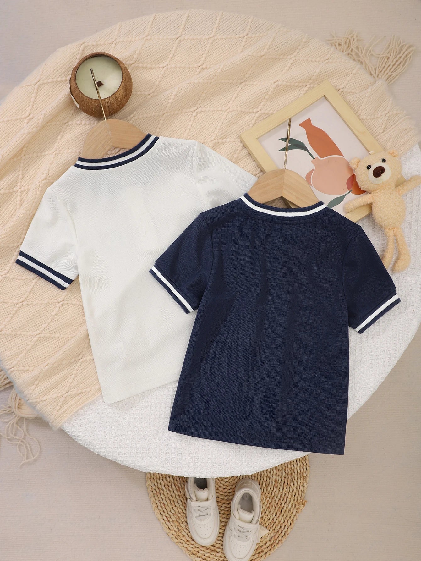 Summer Boys' New Cute Bear Polo Shirts, 2-Piece Set, White And Blue Contrasting Striped Collar Casual Baseball Jacket