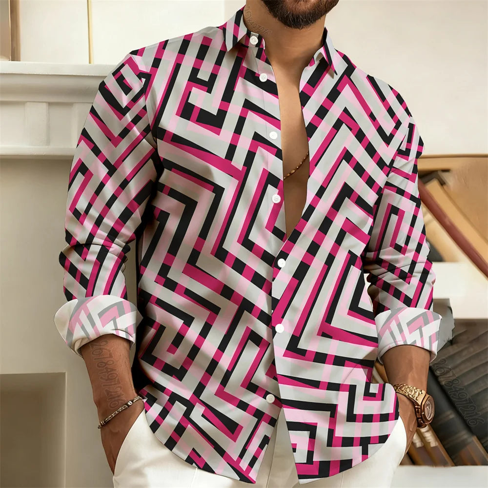 2026 New Men's Long-Sleeved Polo Shirt, Vintage Print Style with Greek Key Pattern, Elegant, Comfortable, and Stylish Men's Top