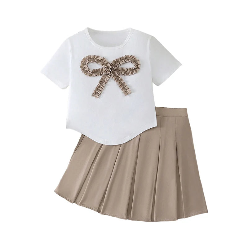 Two Piece Set Of Spring And Summer Women's And Children's Three-Dimensional Bow Short Sleeved Top&Solid Color Pleated Skirt