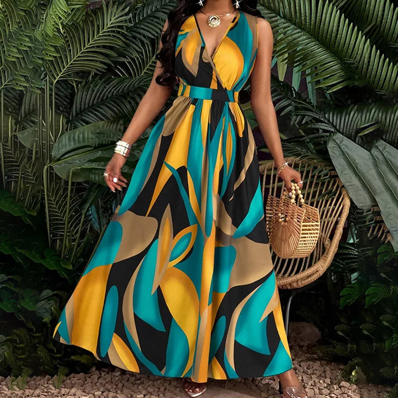 Summer V-neck Elegant Vacation Style Long Printed Dress For Women