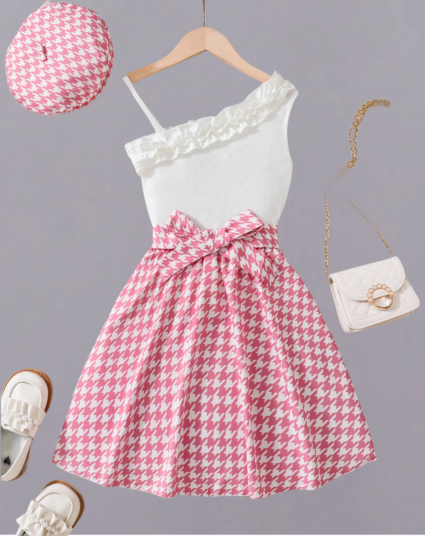 Summer girl sweet cute novel lace oblique shoulder white strap pink thousand bird check bow waist A-line slimming dress with hat