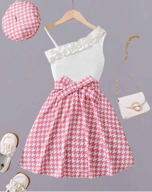 Summer girl sweet cute novel lace oblique shoulder white strap pink thousand bird check bow waist A-line slimming dress with hat