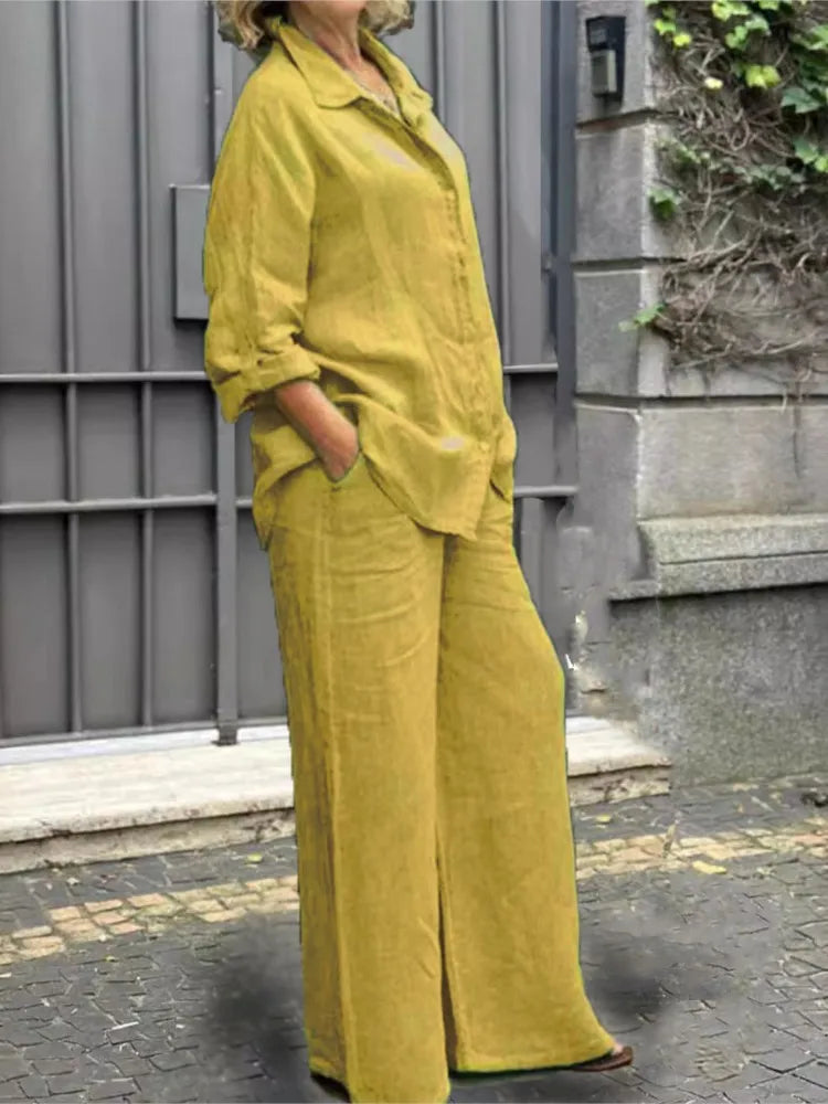 Fashion Cotton Linen Shirt Long Sleeved Women's Set Spring Autumn Loose Cotton  Linen Wide Leg Trousers Female Office 2piece Set