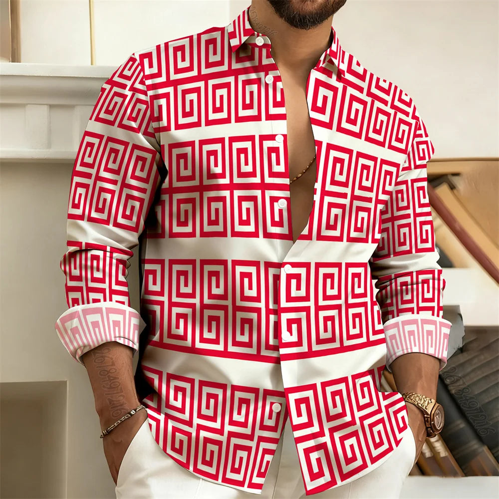 2026 New Men's Long-Sleeved Polo Shirt, Vintage Print Style with Greek Key Pattern, Elegant, Comfortable, and Stylish Men's Top