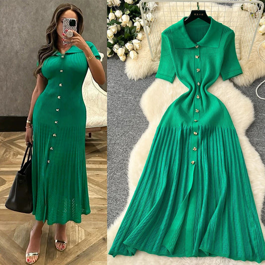 YuooMuoo Chic Fashion Elegant Patchwork Knitted Maxi Dress 2025 Summer Lady Turn-down Collar Shirt Sweater Dress Party Vestidos