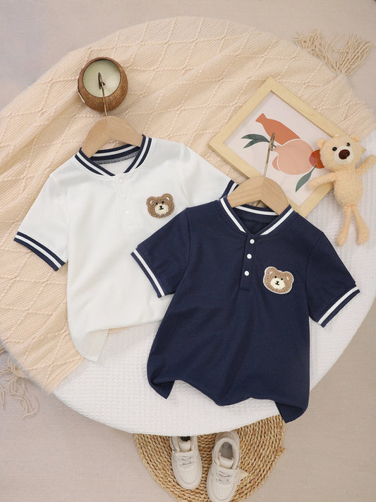 Summer Boys' New Cute Bear Polo Shirts, 2-Piece Set, White And Blue Contrasting Striped Collar Casual Baseball Jacket