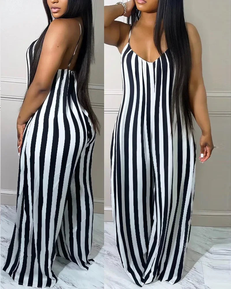 Striped Print Spaghetti Strap Wide Leg Jumpsuit Women