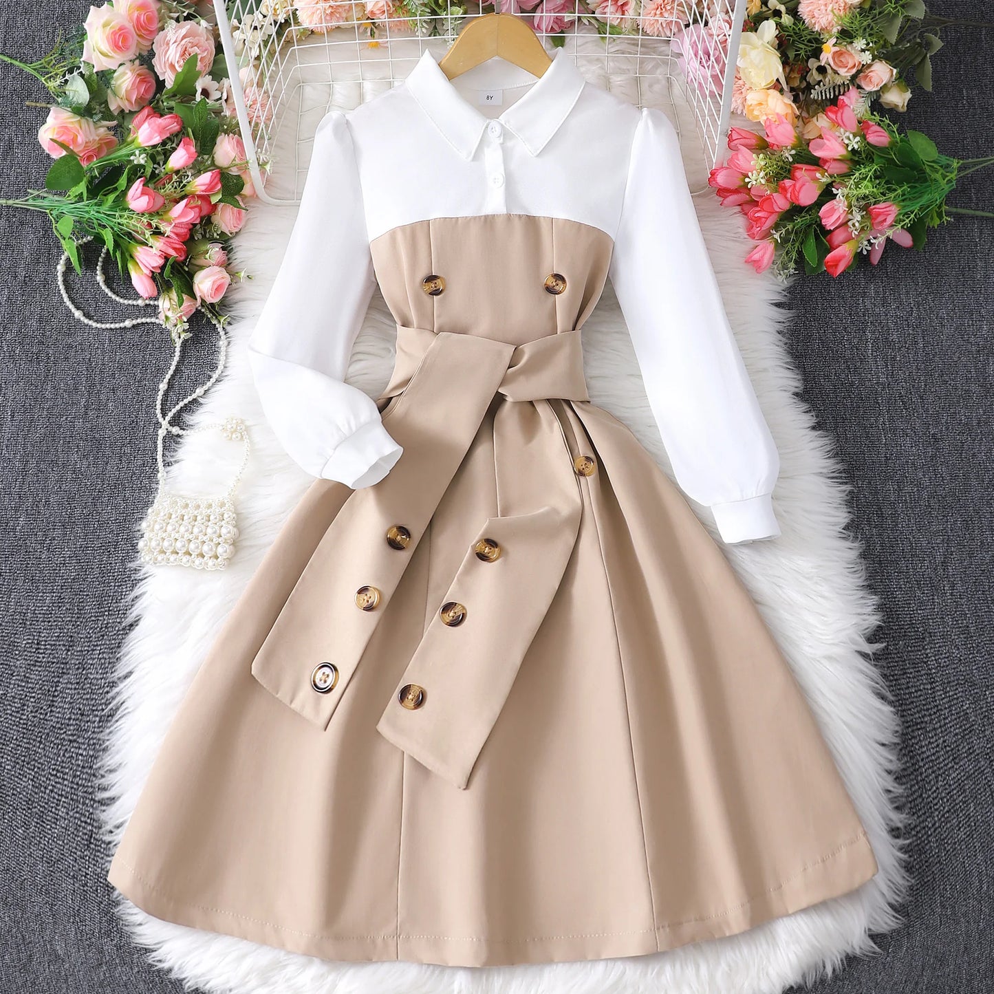 Belt Dress for Girl Clothes Children Costume KIds Party Dresses Retro British Vacation Style Autumn Winter Long Sleeve 8-12 Yrs
