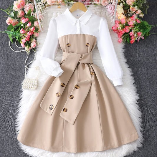 Belt Dress for Girl Clothes Children Costume KIds Party Dresses Retro British Vacation Style Autumn Winter Long Sleeve 8-12 Yrs