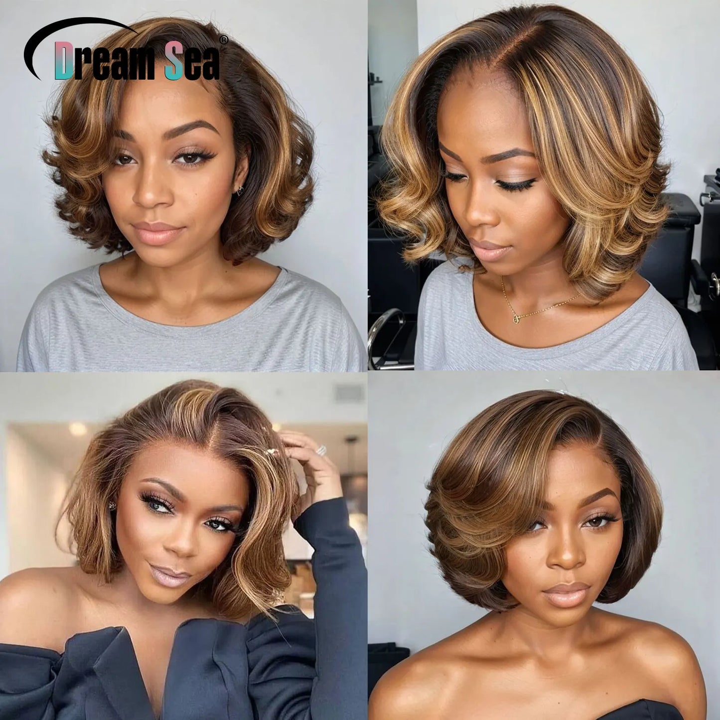 Blonde Highlight Short Bob Human Hair Wigs 200 Density Side Part 13x4 Lace Frontal Wig Pixie Cut Brazilian Remy Hair For Women