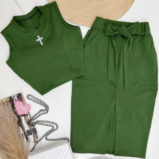 2Pcs/Set Women's Crew Neck Sleeveless Vest + Split Skirt