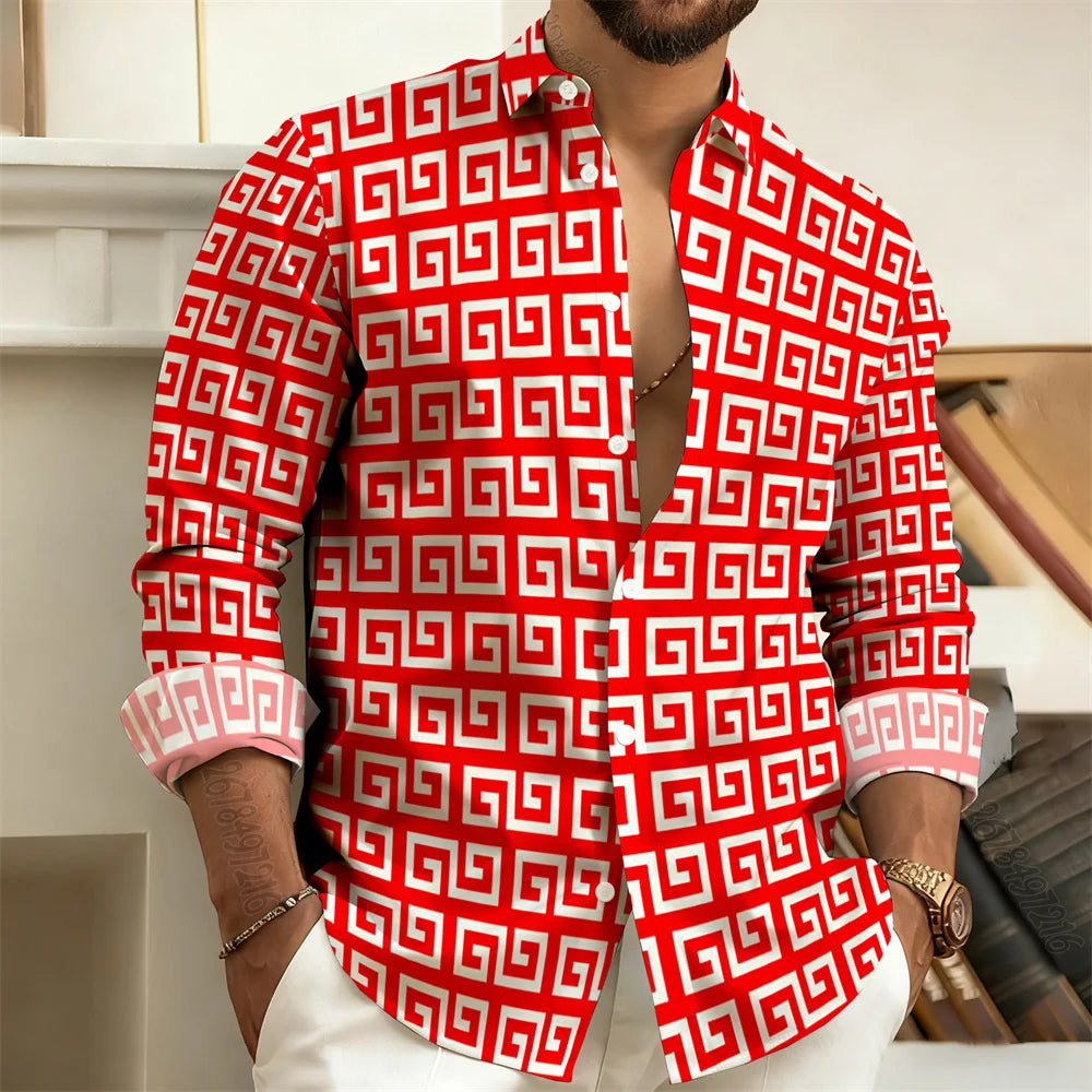 2026 New Men's Long-Sleeved Polo Shirt, Vintage Print Style with Greek Key Pattern, Elegant, Comfortable, and Stylish Men's Top