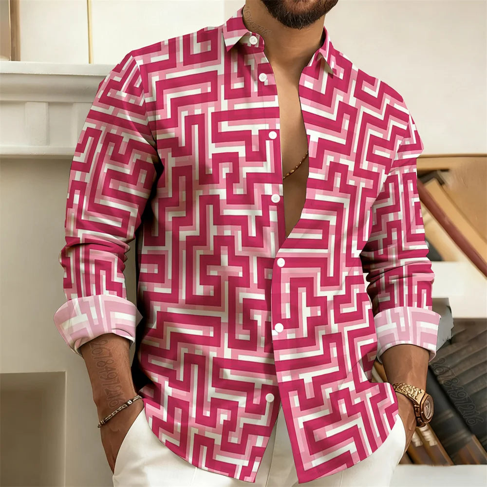 2026 New Men's Long-Sleeved Polo Shirt, Vintage Print Style with Greek Key Pattern, Elegant, Comfortable, and Stylish Men's Top