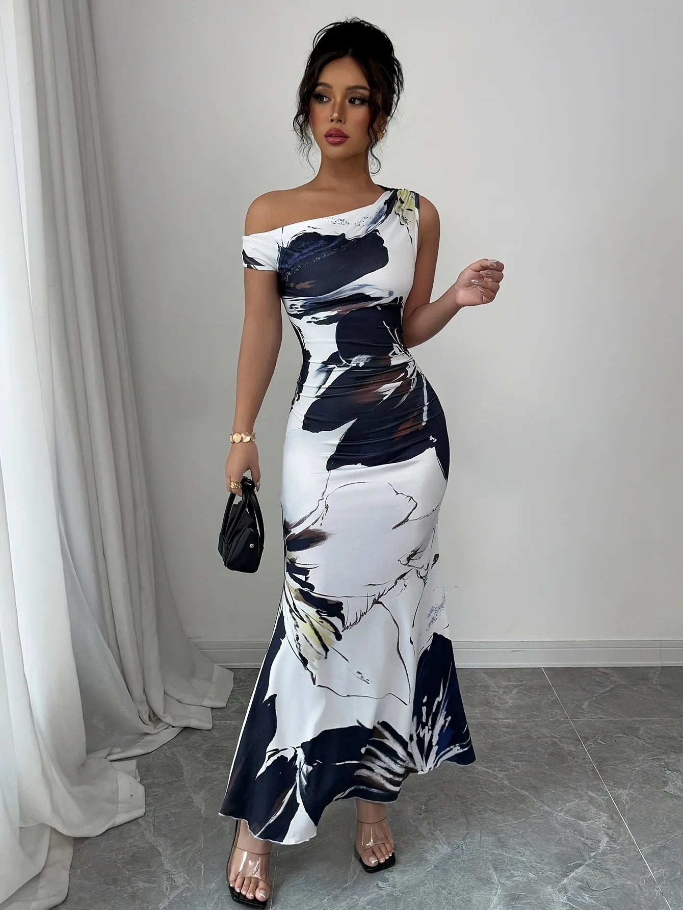 Sexy Bodycon Maxi Dresses For Women 2025 Autumn Winter Fashion Flower Print Slim Sleeveless Off The Shoulder Long Dress Elegant