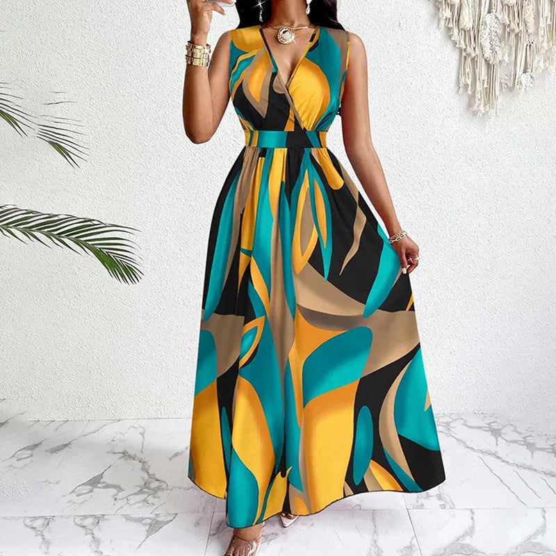 Summer V-neck Elegant Vacation Style Long Printed Dress For Women