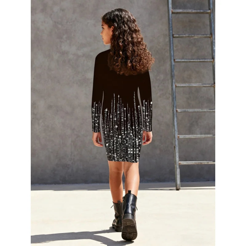 2025Girls Long Sleeve Dress - Glitter Starry Gradient Print Bodycon Dress for Kids, Trendy Party Cocktail Fashion Dress