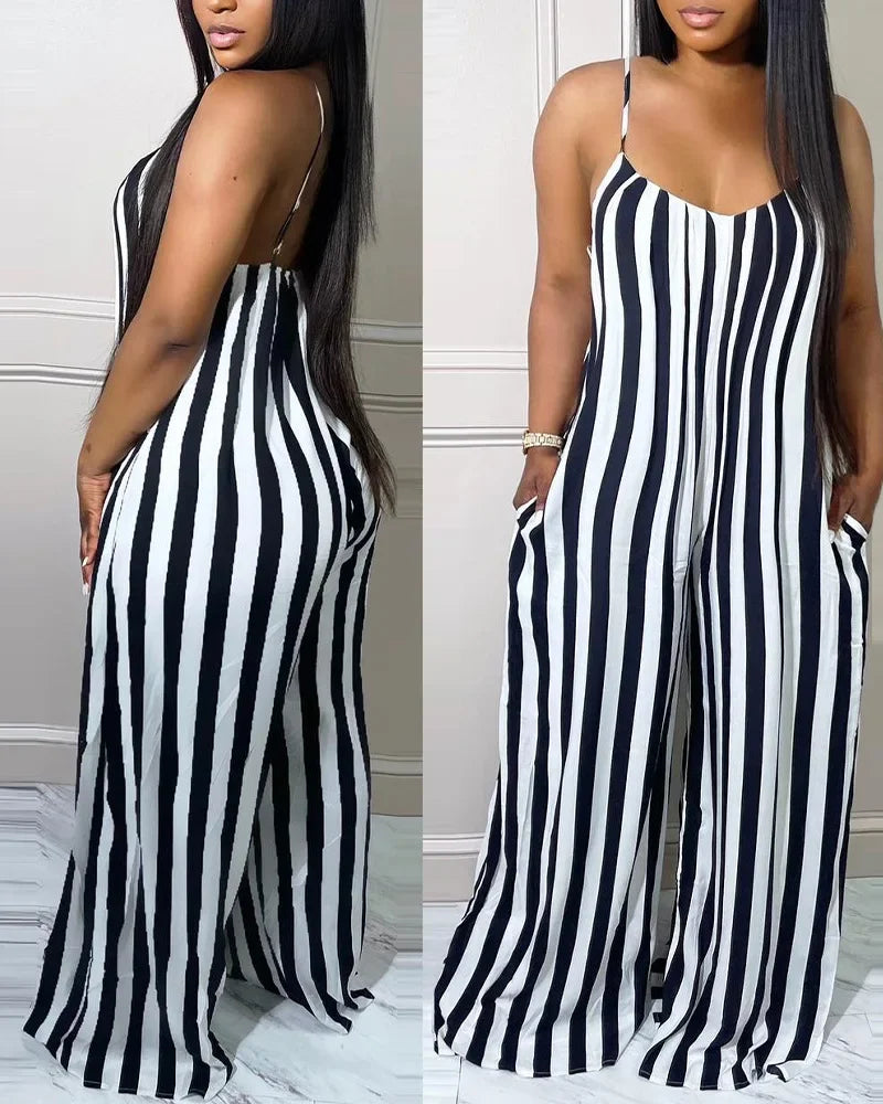 Striped Print Spaghetti Strap Wide Leg Jumpsuit Women