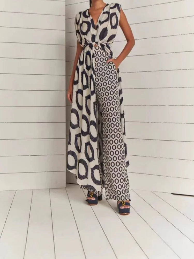 Two-piece Suit Ladies Printed Sleeveless V-Neck Lace-Up Top + Slim-Fit Trousers Set Women's Elegant Party Clothes Outfit