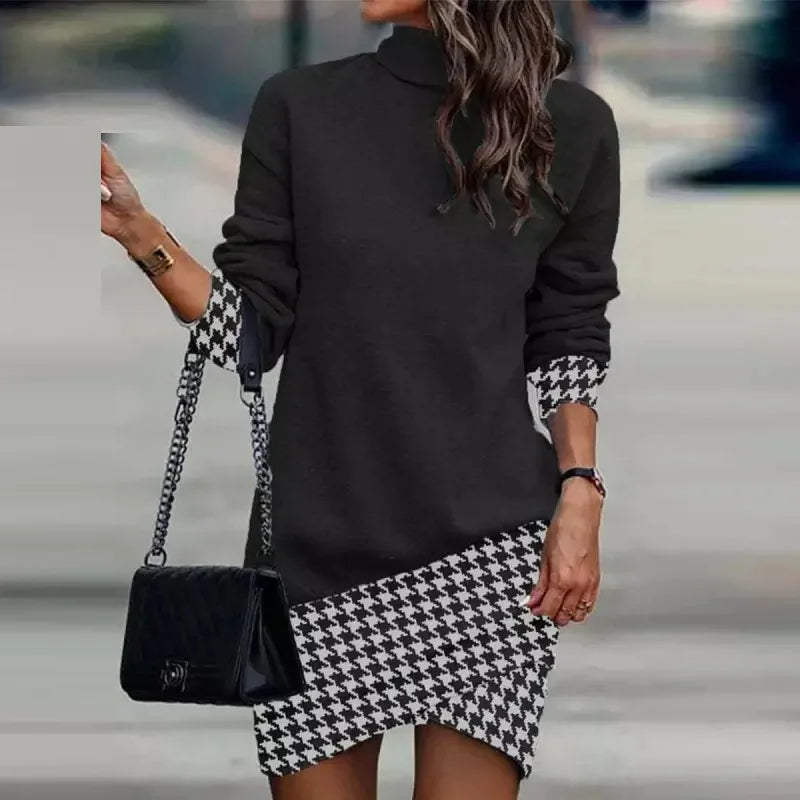 Vestido corto de manga larga con Cuello medio alto para mujer, minivestido de fiesta con estampado de retales, ropa de calle Sim